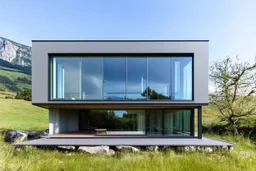 Modern, minimalist house located in a picturesque landscape. It is characterized by large glass windows and a clear exterior, providing an unobstructed view of the surrounding environment. It is built on a flat area surrounded by grass and rocks, with imposing mountains and trees in the background. The sky is clear, it is a serene and calm day, architecture, vibrant