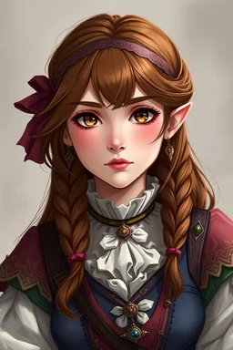 A pretty fantasy girl, hazel hair, intelligent, historical, colourful clothes, middle-aged, digital art, stylised