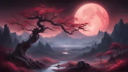 the ethereal beauty of a mystical landscape under the red moonlight. The scene should be illuminated by a large, radiant moon, casting its glow upon a twisted, yet majestic tree with blossoms that seem to sparkle in the night. The tree’s roots should be deeply embedded into rocky terrain, symbolizing its ancient existence. In the background, towering mountains loom, their peaks veiled in mist. A serene lake at the foot of the mountains reflects the moon’s luminescence. Incorporate elements that