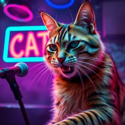 A CAT performing at dance club, his name CAT and looks crazy, looks very aggressive look, Neon lights and smog, Im a CAT SIGN ON WALL