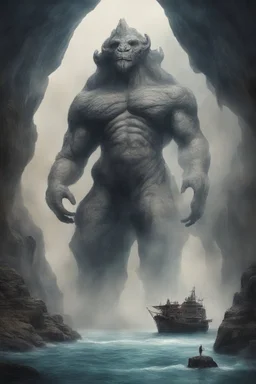 A giant creature lifting a big ship over head with his arms , a Smokey texture standing in a water in front of a mythical cave in granite volcanic mountain . Busch painting style