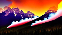 background=(mountains, alberta, forest fires, burning), time=(sunset), style=(vaporwave), effect=(smoke, plumes)