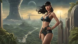 Photorealistic, full Body Photo Of A slim Exotic Sci-Fi Pin-Up Girl, With dark Hair and Bangs, on an alien jungle Planet With Cloud Trees, Tall Spires, Buildings, Bridges, Arches, a stormy skyline, with lightning