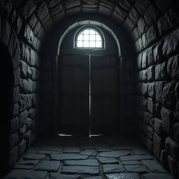 Inside of a dungeon with stone floor and a heavy wooden door. the only light comes from a small barred window high on the wall. Dark gothic fantasy. photorealistic. 4k
