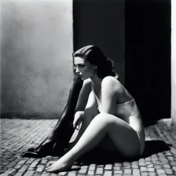 [art by helmut newton] In humble submission, she kneels, a canvas of desire, Offering her back to the whisper of anticipation's fire. On hands and knees, she waits, a portrait of allure, Her essence bared, ready for the touch so pure. In the tender twilight, she bows, a vision of grace, Awaiting the sweet sting of passion's embrace