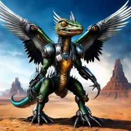 Lucky Stryker, Jet eagle lizard human combination, biomechanical surrealism, 4 limbs, 2 metallic wings, one jet engine, 2 eyes, big toothy smile