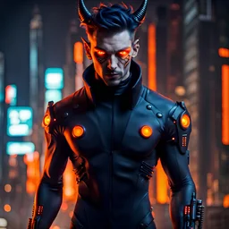 male half-demon cyberpunk spy with orange eyes, wearing a spandex bodysuit