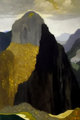 A grayish brown giant mountain near a canyon painted by Gustav Klimt