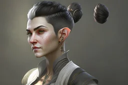 A Fantasy elf, a white male with black short hair tied up in a bun. Full body, HD