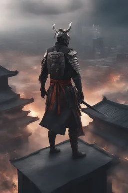 close up of a cybernetic samurai standing on the top of a building, looking down, chaos and smoke background, 8k, highly detailed and realistic