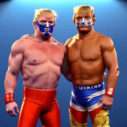 Realistic image of Donald trump wrestler, Mexican wrestling style, Mexican wrestling mask for eyes, red and blue breeches, glow confederate flag dress, suspenders, retro style, 80s, vibrant color, highly detailed, sky background, concept art, unreal engine 5, god rays, ray tracing, RTX, lumen lighting, ultra detail, volumetric lighting, 3d, finely drawn, high definition, high resolution.