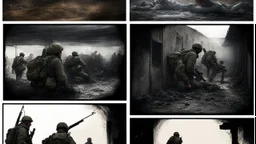 Masterpiece1:5)(Fineart), (award-winning:1.5), highest quality, (ultra realism:1.5) war journalism(,(by Tim Page and Hoorst Faas:1.5)),(Eastern Ukraine:(panel one:the moment after a battle ends, horrors of war, wounded men),(2nd panel, cinematic shot of men sitting in trench with 1000 yard stare (focus on their eyes:1.5)),(the third panel shows troops tired but hyper alert), (the fourth panel shows the sky is filled with incessant, fire and smoke everywhere,)