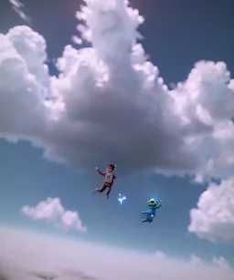 Ultra realistic clouds sky scene, wide angle, medium shot view, portrait, sweet Childs, free jumping flying, trinkets, monster hair, jelly beans, balls, smile, happy, Peter Pan style, inflatable color clothing, extreme, wind, clouds sea, 20,000 feet altitude, stratosphere, soft color, highly detailed, unreal engine 5, ray tracing, RTX, lumen lighting, ultra detail, volumetric lighting, 3d, finely drawn, high definition, high resolution.