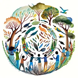 Generate an illustration of a diverse group of hands coming together in a circle, each hand holding a different art tool such as paintbrushes, pencils, and markers. Surround the hands with symbols of nature, like trees, birds, and mountains, representing the collective effort to protect the environment and promote creativity in a supportive community.