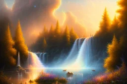 golden waterfall falling from clouds from heaven on meadow,nature, hyper detailed, digital painting, elegant, centered, detailed, neon signs, 8k, shining, heaven, many happy people, dampf,