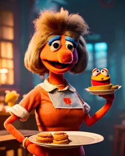 waitress woman with Sesame Street muppet mask-head, concept art, retro style, smooth, unreal engine 5, god lights, ray tracing, RTX, lumen lighting, ultra detail, volumetric lighting, 3d.