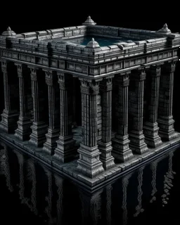 A dark gray submerged temple designed in ancient Roman mosaics