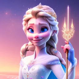 Flower , beautiful smiling elsa holding microphone, amazing blue eyes, happy cosmic, bright colors, blue, pink, gold, jewels, realistic, photo real, clear godly background, highly detailed, high contrast, 8k high definition, unreal engine 5, extremely sharp detail, light effect, sunny light background