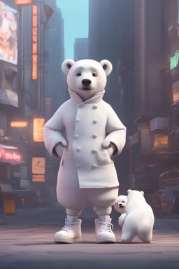 cartoon cute polar bear with white and sneakers, Cyberpunk realism style, front view, wearing a chef costume, zbrush, Arys Chien and light black, lit children, 32k uhd, street fashion, round,8k,HD