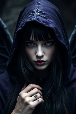 portrait a dark fairy with a pale face, long dark hair lookin at the camrea, in a dark purple shiny black hooded cloak, suggestive deep dark gaze, dark lips, impressive, perfect, cold beauty with dark wings, dark, sad, gothic mood, atmospheric, smoke, high detalied, high realistic, photorealistic