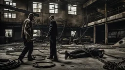 showdown in the old factory, a meeting two criminal gangs in an industrial setting, a long-closed factory, high ceiling, huge metal tanks, hanging chains, dirty objects, dust, in the dim light, broken large glass windows, scary place, background a man lies down , murder, shadows, slanted light, a Eerie place abandoned for many years, thriller-like depiction, dark colors, black, dark blue, gray, metallic colors, sharp focus, detailed image, creepy atmosphere, thriller