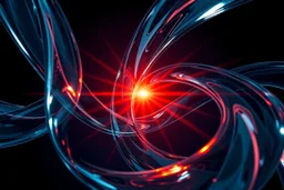 A mesmerizing abstract composition of interlocking glass and chrome ribbons swirling together. A fiery core of orange and red light pulses at the center, creating sharp highlights on the polished surfaces. The background transitions into deep navy shadows, emphasizing the high-contrast lighting. Fluid textures and a high-tech, futuristic mood.