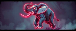 cute pen outline with some neon airbrush, let create a crazy wild elephant doing dangerous stuff - dynamic camera push-in revealing intricate details in motion. Epic cinematic wide-angle camera swoops down, hazy neon background with gritty border