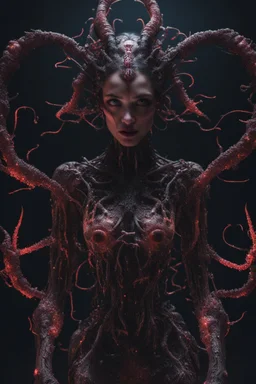 Demon girl, fullbody, creepy, horrifying, sinister, many worms connected to the head, sparks around her, sparks cybernetic, intricate, 8k, macro photography,