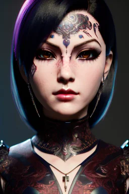 Smirking anime vampire, waist up portrait, 8k resolution, intricate details, ornate details, soft lighting, vibrant colors, retroanime, masterpiece, intricate eyeliner, dark eyeshadow, eyes, intricate tattoos, futuristic cityscape background