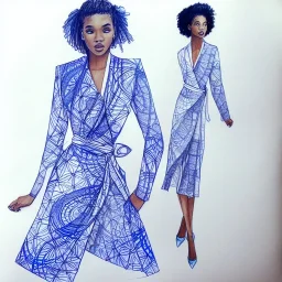 Croquis, wrap dress, white with blue mandala print, long sleeves, fashion illustration, sketch, drawing, pencil, african american model, Aarón favaloro, megan hess, René gruau