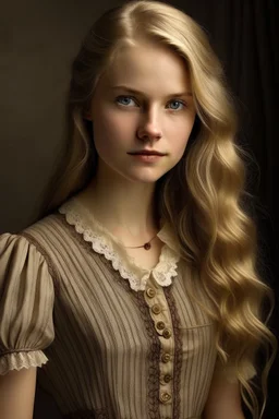 A girl in her late twenties, with slightly sharp features, long blond hair and hazel eyes, wearing a Chanel dress, with a rustic look, painted