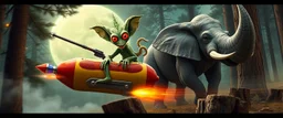 hairy macho gremlin octopus lizard alien couple living in a hi tech marvellous hot dog art graphics and gems on rocket with a mounted sling shot mega harpoon, heading for venus , background motion blur and smoke swirls, and cheeky goose elephant rhino through giant forest with thick tree stumps and grainy textured trees
