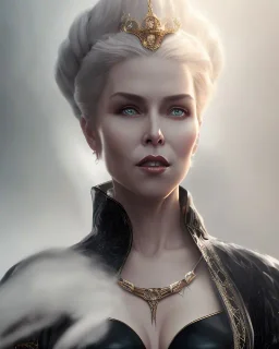 evil queen in black leather gown, busty, cleavage, angry, emperious, 8k resolution concept art portrait by Greg Rutkowski,