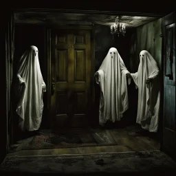 Looming in the front door are three surreal hulking unnaturally tall trick-or-treating ghosts clad in wrinkled bedsheets, eerie and creepy, surreal Photorealism, by Joel-Peter Witkin, color photo, scary and dramatic, nighttime, perspective shot from inside the house.