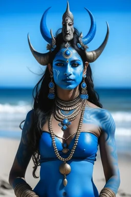 A photo of a blue skin Hindu goddess with painted blue face and body skin, wavy black hair deer antler horns, standing on a sunny beach