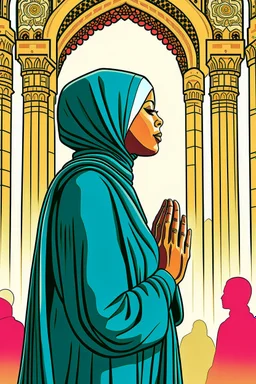 An illustration of a Muslim woman leading a prayer