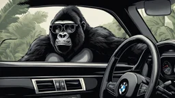 Gorilla wearing thick glasses driving a BMW. Illustration.