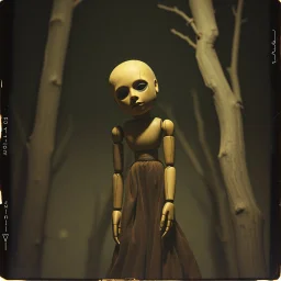 Photorealistic polaroid nothingness and distressing anguish old wooden figure wasteland night Max Ernst, shot on Hasselblad, movie shot, details of the dress accentuated, nightmare, hypermaximalist, obsessive, hypnotic