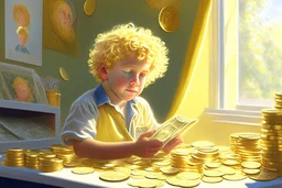 a curly-haired blond boy counts money and stacks gold coins in a modern nursery, in sunshine