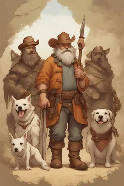 Anão de RPG, roupas de cowboy, barba cinza, pequeno lança chamas na mão, três cães são Bernardo