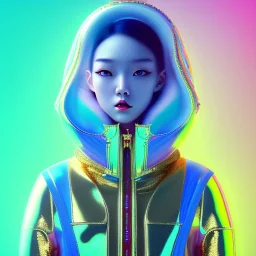 asian woman teenager, few freckles, gold teeth, padded coat, bubbles, retro futuristic, latex dress, gradient color, BLUE, PINK, CYAN, neon, insanely detailed, 16k resolution, perfect eyes, cinematic smooth, intricate detail