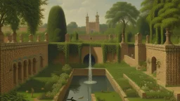 An oil painting of a walled garden with a pond and fountain, the garden is surrounded by a high brick wall, with a gate leading to a path through a field, the deepest pond is in the center of the garden and is surrounded by a high wall with niches containing statues or birds.
