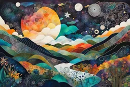 abstract paper collage overlayed with Zentangle patterns that depicts the vastly diverse landscape of Nature beneath an ethereal, cosmic night sky, highly detailed, vibrant natural color, with bold ink outlining