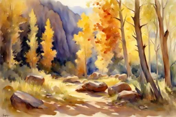 Sunny day, autumn trees, rocks, fantasy, mountains, epic, john singer sargent watercolor paintings