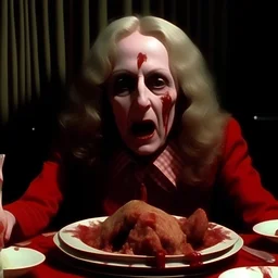 Spooky, ultra realistic distress, dining, ultra realistic hot woman, pieces of meat, silver organic palen ail dynamic, anguish, excited and lively scene, hypermaximalist figures, stb, Creepy the Ring Alfred Hitchcock, Sam Raimi, insanely detailed, sinister, John Carpenter, Dario Argento, ornate