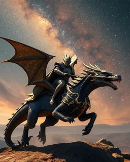 Imagination from far view Battlefield full length Photography of King Elven, riding a flying dragon in the sky, using luxurious battle armor design, made of black and gold metal plates, metal crafts with radiant diamond luster, on the outer surface luxury decoration of very small diamond stones, red diamond stones, Milky Way galaxy background