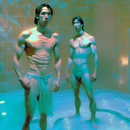 Handsom Justin long and his buff boyfriend are above thier pool showered spa heater while in tight loincloths and Nickolas is flexing there muscles while illuminated by the ambient teal glowing on the glowing marbled floor made of long flat marble slabs, the ground next to the clinical yard is in the style of primitive art. metalworking mastery, fawncore, the immaculately composed quality of this photo shows the artist was taken with provia, detailed wildlife, isaac grünewald, rustic simplicity