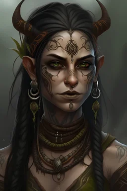 portrait female elf shaman braid black hair tattoos evil muddy old