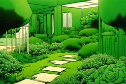 comic style, a green garden, close-up