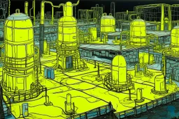 A yellow glowing facility plant zone painted by Jean Dubuffet